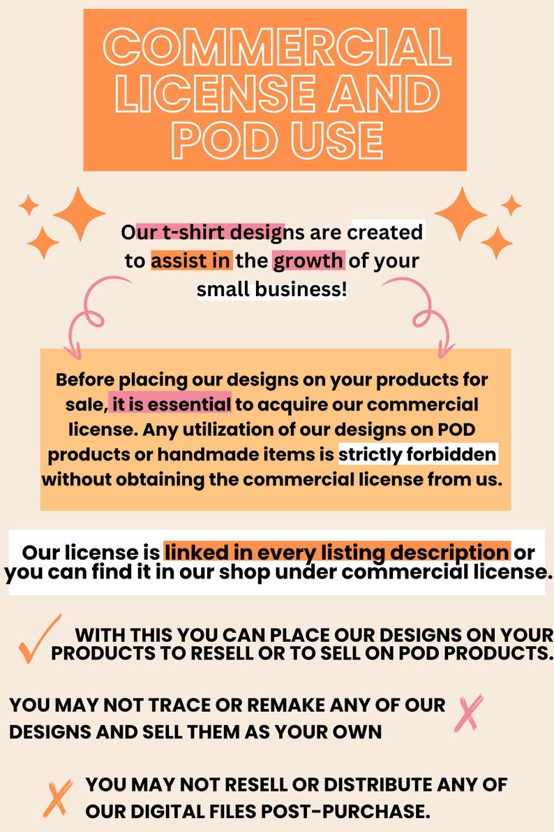 May include: An informational graphic with the text "COMMERCIAL LICENSE AND POD USE" in orange. The text explains the terms of use for t-shirt designs, including the need for a commercial license for POD products and handmade items.