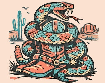 Stivali da cowgirl western retrò con serpente PNG, grafica rodeo effetto invecchiato (download digitale)