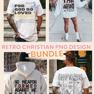 May include: Four different designs for t-shirts with Christian quotes and imagery. The designs feature white t-shirts with black and yellow text. The quotes include "For God So Loved the World", "Spread the News", "No Weapon Formed Against Me Shall Prosper", and "When You Go Through Deep Waters I Will Be With You".