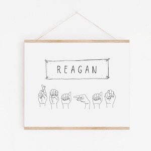 Impresión personalizada del nombre del lenguaje de señas / ASL / Impresión de nombre personalizado / impresión mínima en blanco y negro neutral en cuanto al género