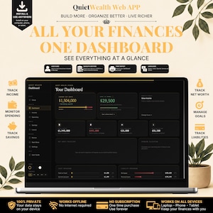 Puede incluir: Una pantalla de portátil muestra el panel de la aplicación QuietWealth Web APP con funciones de seguimiento financiero. El texto incluye ALL YOUR FINANCES ONE DASHBOARD, BUILD MORE, ORGANIZE BETTER, LIVE RICHER e iconos financieros.