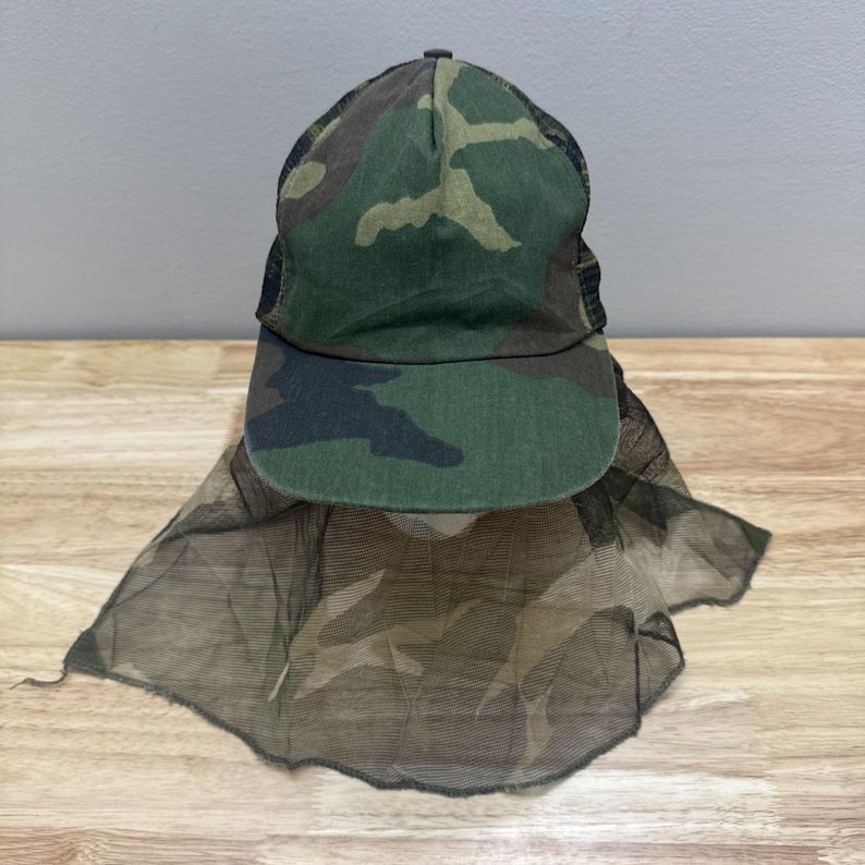 Vintage USA Made Camo chasse moustiquaire masque Mossy Oak Mask M81 chapeau casquette snapback image 2