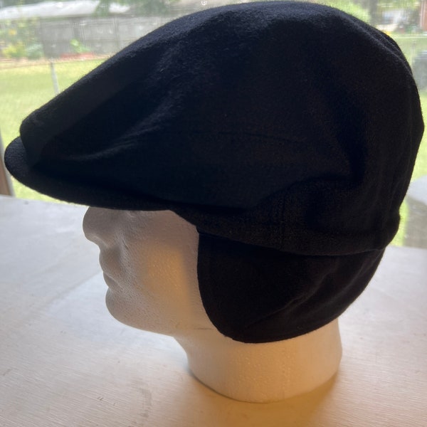 Black Cavanagh New York Flat Cap with Ear Flap Size 61-7 5/8-XL Made in Italy