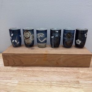 Vintage OMC Otagiri Stoneware Sake Tea Cups Set Of 6 Wooden Box Made In Japan