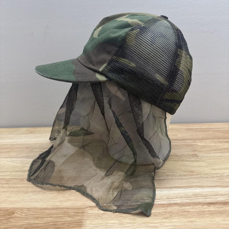 Vintage USA Made Camo chasse moustiquaire masque Mossy Oak Mask M81 chapeau casquette snapback image 6