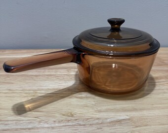 Vintage Corning Ware Amber Visions V-1-B 1 Liter Glass Pot Made in France with Pyrex P81C Lid