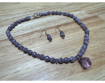 Vintage 16,5 "Amethyst Anhänger Halskette und Ohrringe im Set