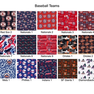 May include: A collage of 18 different fabric designs featuring logos of various Major League Baseball teams. The teams include the Red Sox, Nationals, Orioles, Braves, Yankees, Mets, Phillies, Indians, and Giants.