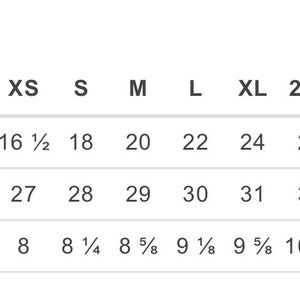 May include: Size chart showing measurements in inches for a garment in sizes XS to 5XL. Measurements include body width, full body length, and sleeve length.