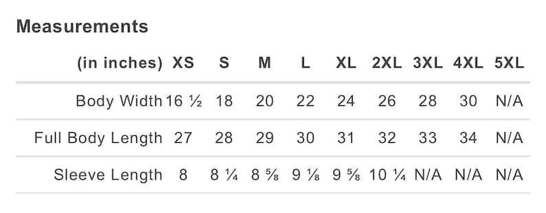 May include: Size chart showing measurements in inches for a garment in sizes XS to 5XL. Measurements include body width, full body length, and sleeve length.