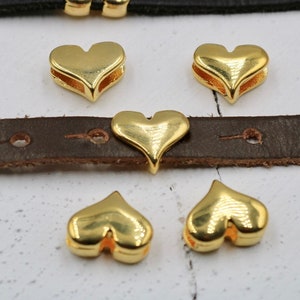 Shiny Gold Heart Spacer Beads, High Quality Slider Beads, Elegant Bracelet Beads, Simple Heart Charms, Tiny Heart Beads, ZM135 SG
