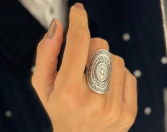 Silver Mandala Ring: Adjustable Ethnic Boho Jewelry
