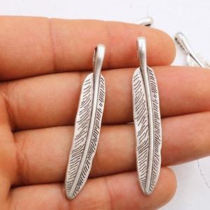 Silver Bohemian Feather Charms, Silver Tone Charms, Large Earring Charm, Jewelry Making Findings, Jewelry Making Supplies, 10 Pcs, ZM1024 AS