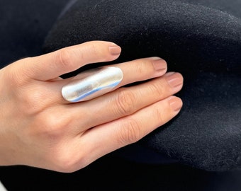 Antique Silver Plated Long Ring: Adjustable Brass Statement Ring