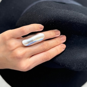 Antique Silver Plated Long Ring: Adjustable Brass Statement Ring