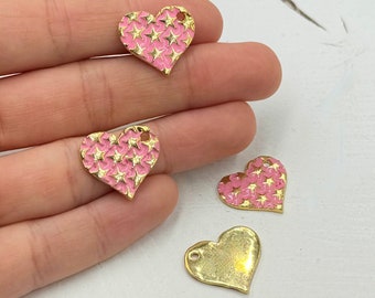 Shiny Gold Pink Enamel Heart Charms: Handmade Zamak Pendants