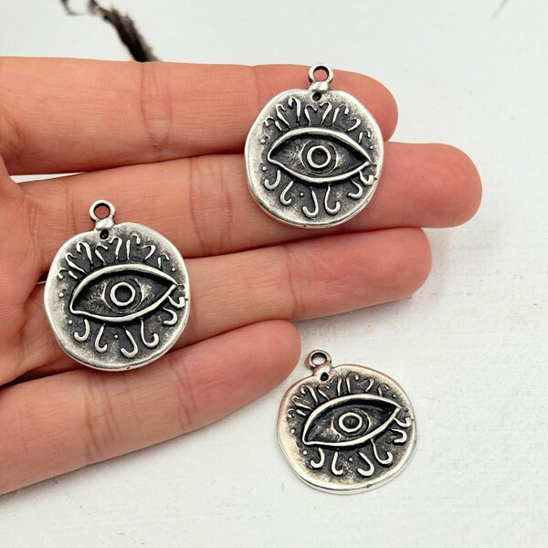 Evil Eye Pendant, Silver Disc Medallion, Round Eye Charm, Jewelry Component, DIY Jewelry Supply, Jewelry Accessories, 5 Pcs, ZM704 AS