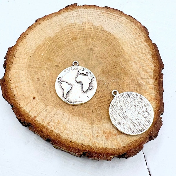 10 Pcs Silver World Charms, Round Planet Pendant, Disc Earth Charm, Charm for Jewelry Making, Silver World Charms, Earth Day Charm,  zm887