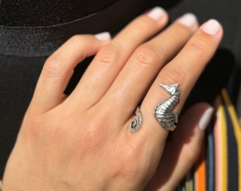 Silver Seahorse Ring, Open Band Ring, Silver Ocean Rings, Nautical Ring, Antique Silver Animal Ring, Tropical Jewelry, 1 Pcs, R424