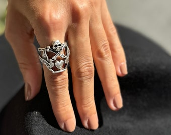 Antique Silver Skull Ring: Crossbones & Heart, Adjustable