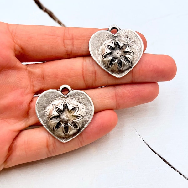4 Pcs Antique Silver Heart Charm: Flower Embossed Pendant