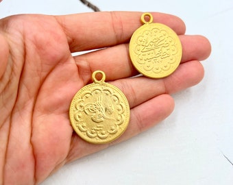 Matte Gold Coin Charm: Boho Pendant, Elegant Jewelry Component