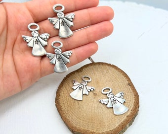 10 Antique Silver Angel Charms: Pewter Guardian Angel Beads