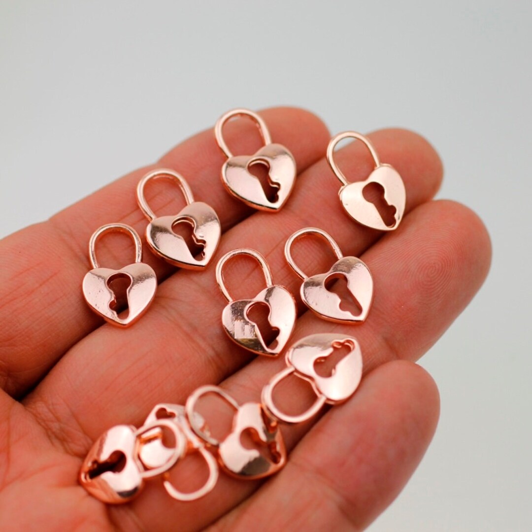 10 Lock Heart Charms, Dainty Padlock Charms Pendant in Rose Gold Plated