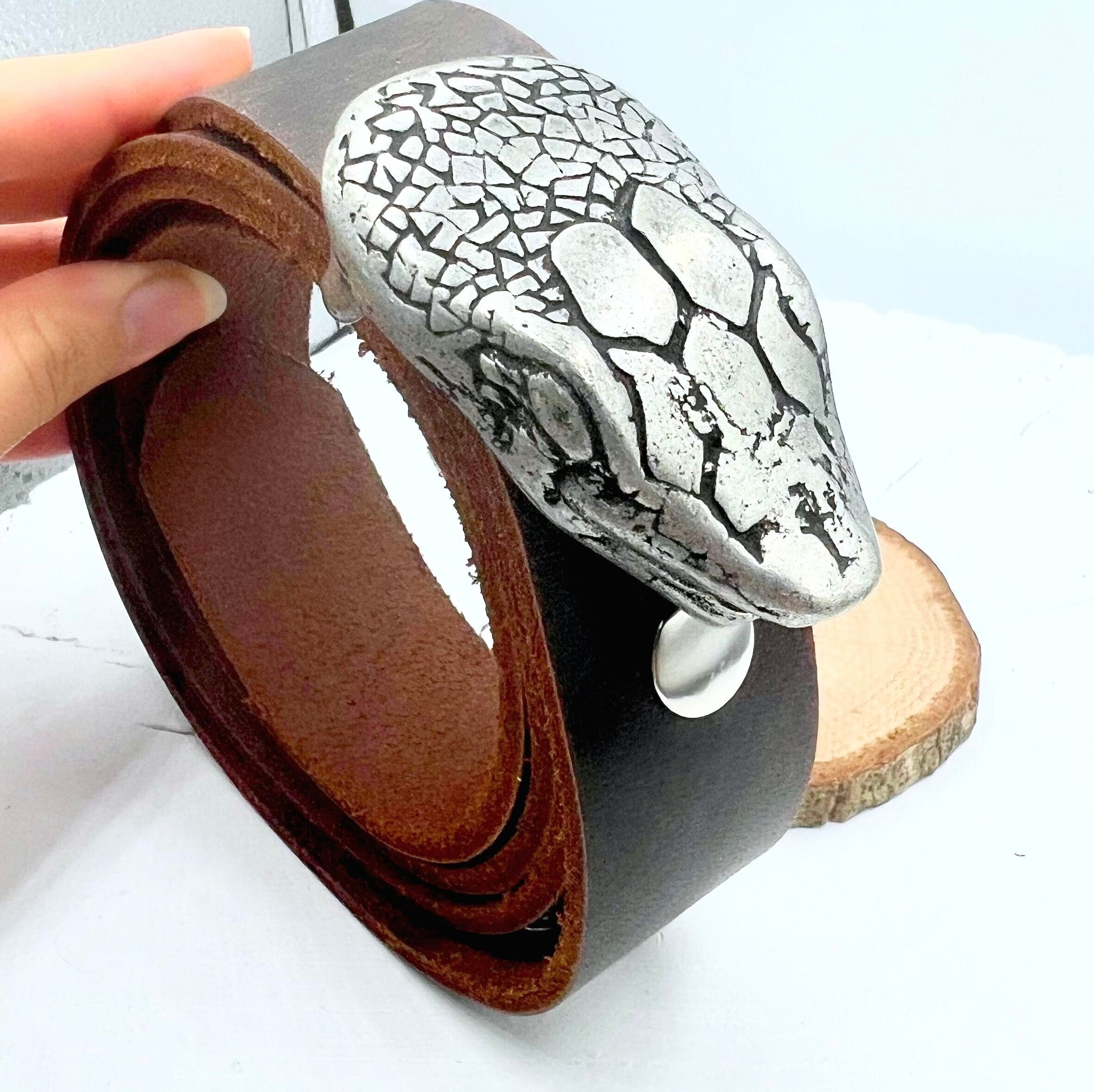 Dark Silver Snake Head Belt Buckle: Zamak Pewter, Fits 40mm Belts