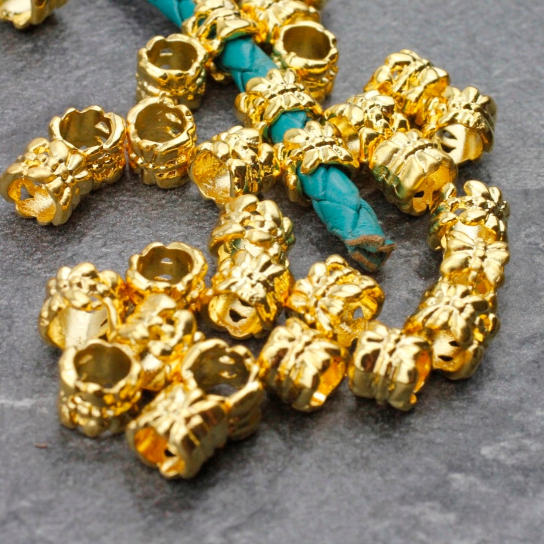 10psc Large Hole 24k Gold Plated Beads, Floral Beads, Zamak Beads