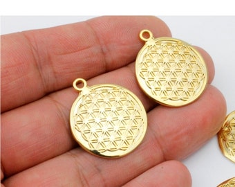 10 Gold Flower of Life Pendants: 24k Plated Charms (24mm)