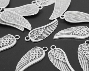 10 Antique Silver Angel Wing Charms: Sterling Silver Plated Pewter, 35mm