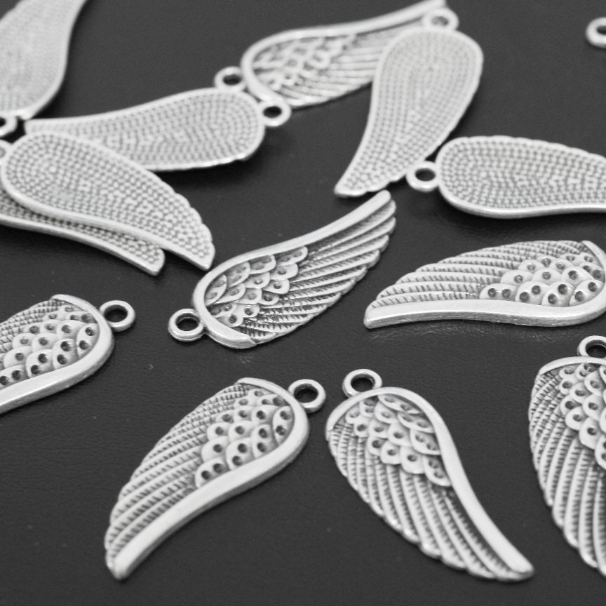 8 Antique Silver Pewter Angel Wing Charms - Two-Sided Feather Pendant, 33mm X 10mm