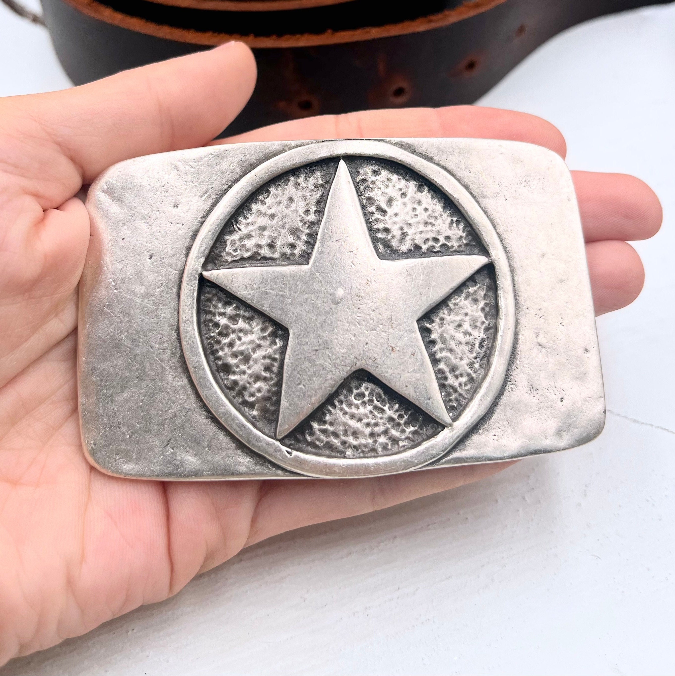 Sterling Silver Plated Star Belt Buckle: Western Design, Fits 40mm Belts
