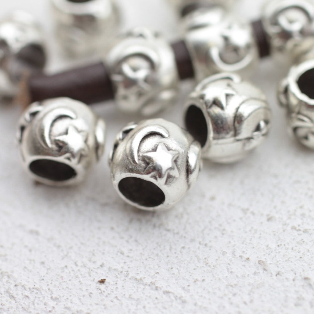 10 Moon and Star Spacer Beads, Sterling Silver Plated, Silver Beads