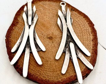 2 Pcs Antique Silver Tassel Earring Charms: Asymmetrical Branch Design