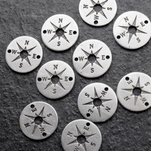 Antique Silver Compass Charm: 12mm Zamak Connector, 10 Pcs