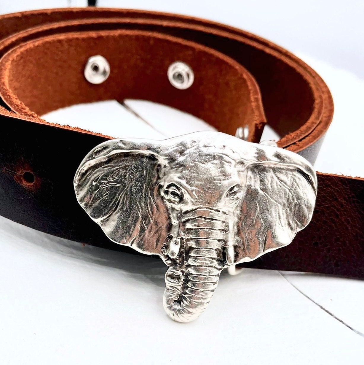 Hartnell Silver Elephant Buckle Brown Leather Belt Silver Tone Elephant Belt Buckle: Boho Animal Accessory - Etsy main image 4