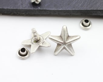 10 Antique Silver Star Rivets: 14mm Leather Craft Studs