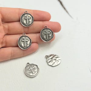 Antique Silver Cross Charm: Round Religious Disc Beads (10 Pcs)