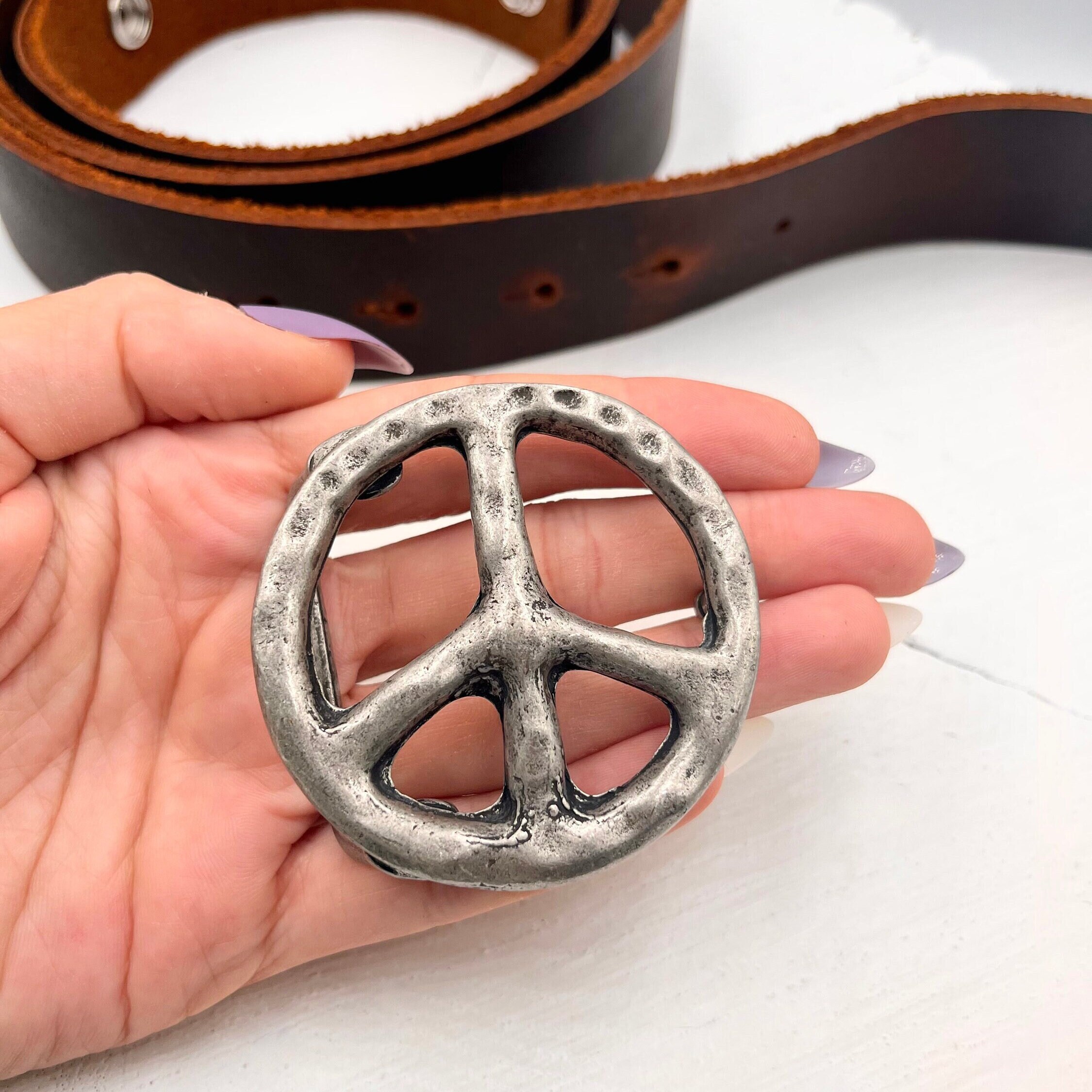 Handmade peace belt buckle with reversible belt Artisan Handcrafted Hand Tooled Peace Sign Leather Belt  main image 4