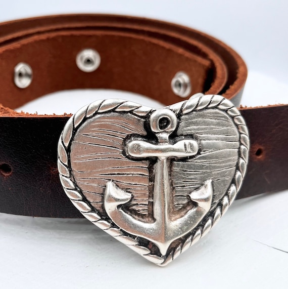 Brown Leather Belt Laser Cuts Silver Anchor Buckle s-l400.jpg main image 3