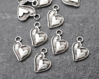 10 Antique Silver Heart Charms: Handmade Zamak Pendants