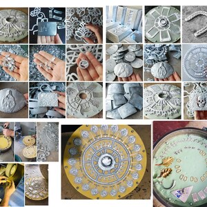 May include: A collection of silver molds for making jewelry. The molds are circular, square, and rectangular, and feature various designs, including flowers, skulls, and geometric patterns. The molds are arranged on a white surface.