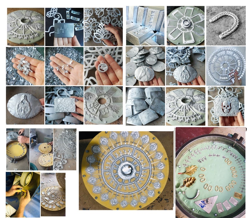 May include: A collection of silver molds for making jewelry. The molds are circular, square, and rectangular, and feature various designs, including flowers, skulls, and geometric patterns. The molds are arranged on a white surface.
