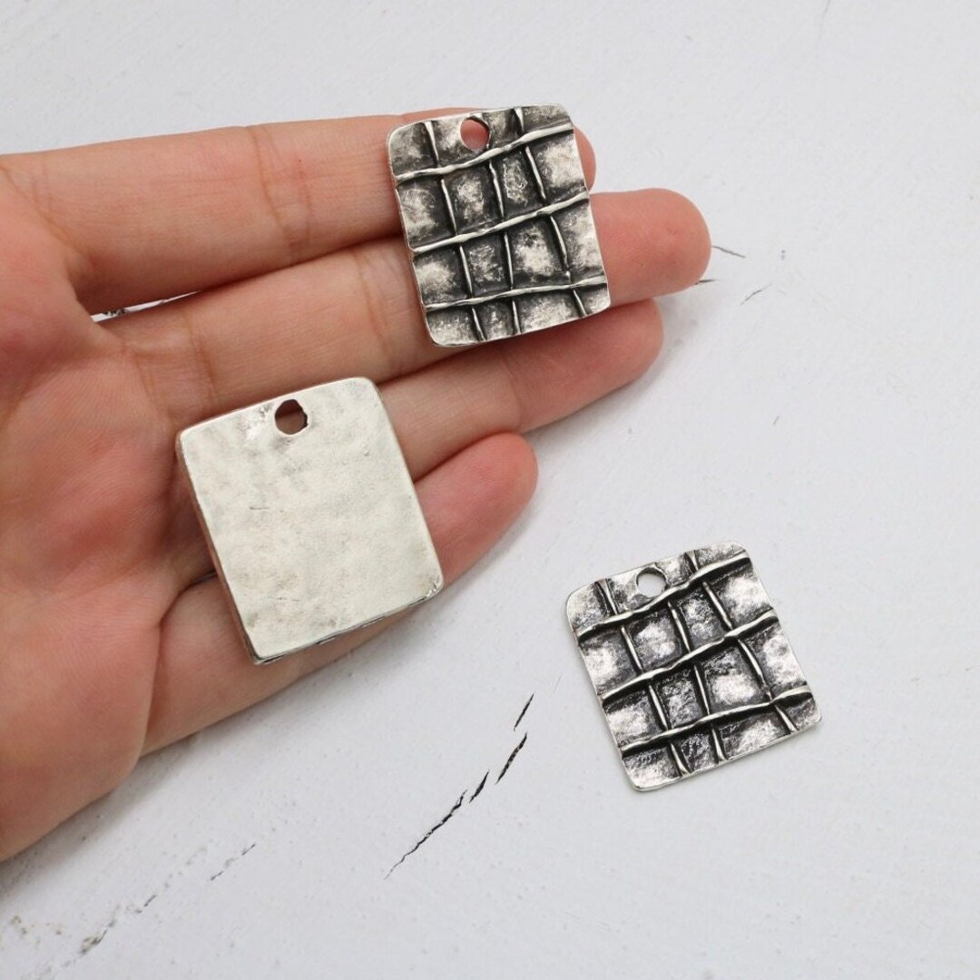 Silver Square Charm, Silver Rectangle Pendant, Rustic Silver Silver Square Charm, Silver Rectangle Pendant, Rustic Silver