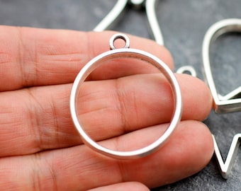 Antique Silver Round Bezel Pendant: 40mm Open Frame Charm