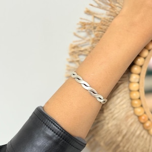 Twister Bangle Bracelet: Antique Silver Boho Cuff, Adjustable