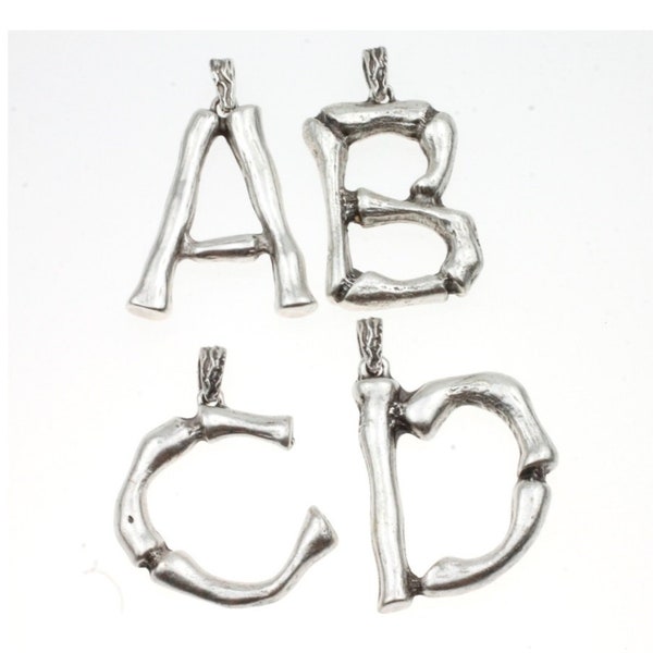 Alphabet Letter Pendant, initial Alphabet Letter, Silver Letter Charms, Bamboo Letter Necklace, Bone Jewelry, Antique Silver, zm610as