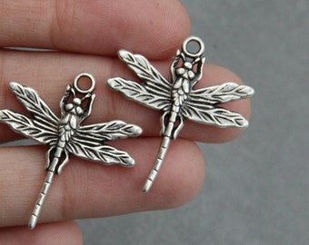 Bulk 10 Antique Silver Dragonfly Charms: Insect Connector Pendants